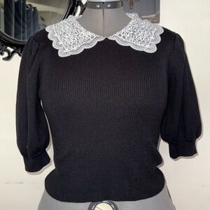 Black ribbed shirt with White Lace Collar